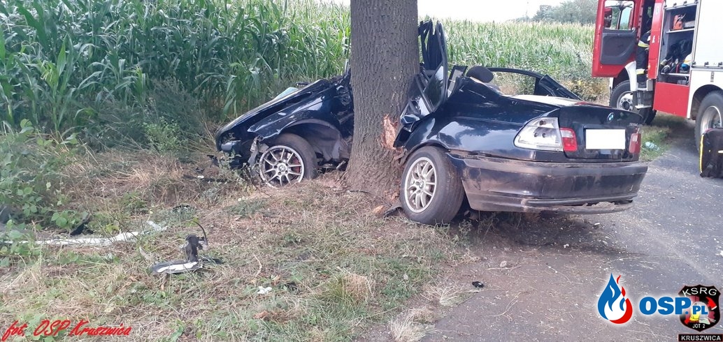 BMW roztrzaskało się na drzewie. Interweniowały 2 śmigłowce LPR. OSP Ochotnicza Straż Pożarna
