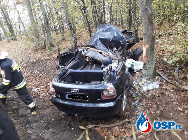 Audi wbiło się bokiem w drzewo. Kierowca został zakleszczony! OSP Ochotnicza Straż Pożarna