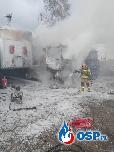 Pożar w firmie transportowej. Ciężarówka z naczepą doszczętnie spłonęła. OSP Ochotnicza Straż Pożarna