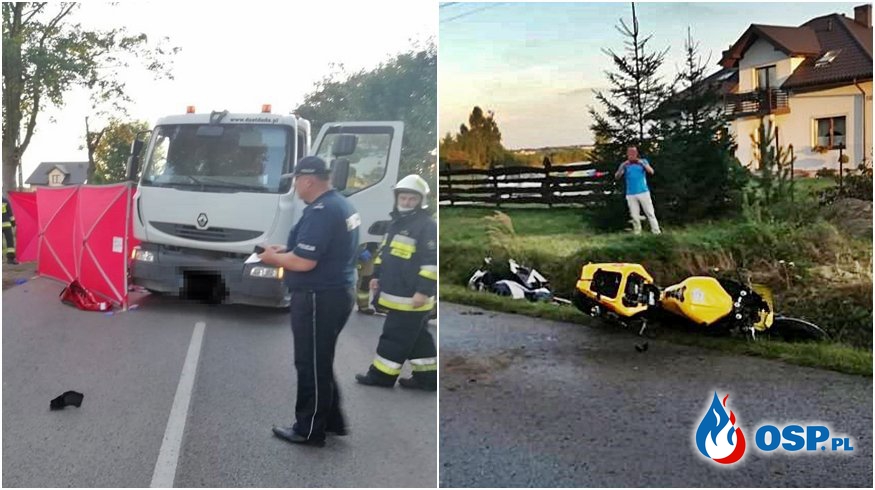 23-letni motocyklista zginął po zderzeniu z ciężarówką. Nie miał prawa jazdy. OSP Ochotnicza Straż Pożarna