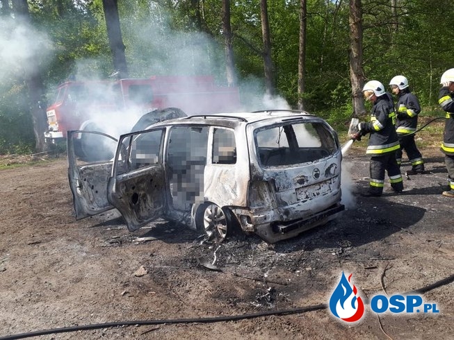 Dwie osoby spłonęły w pożarze samochodu, w środku lasu. OSP Ochotnicza Straż Pożarna