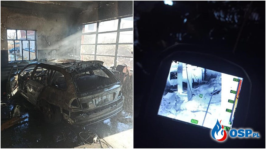 Pożar samochodu w warsztacie. Straty oszacowano na 100 tys. zł. OSP Ochotnicza Straż Pożarna