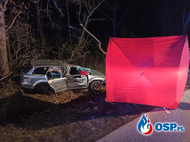 Auto rozbiło się na drzewie, kierująca nim kobieta zginęła na miejscu OSP Ochotnicza Straż Pożarna