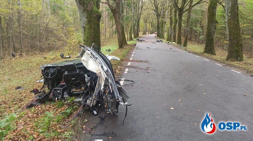 Audi dosłownie rozpadło się po uderzeniu w drzewa. Kierowca zginął na miejscu. OSP Ochotnicza Straż Pożarna