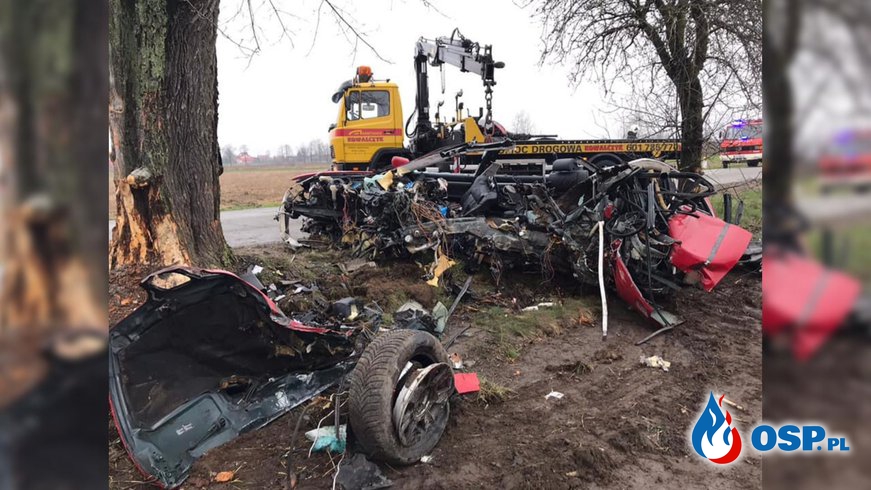 BMW zmiażdżone po uderzeniu w drzewo. Tragiczny wypadek w Wielkopolsce. OSP Ochotnicza Straż Pożarna