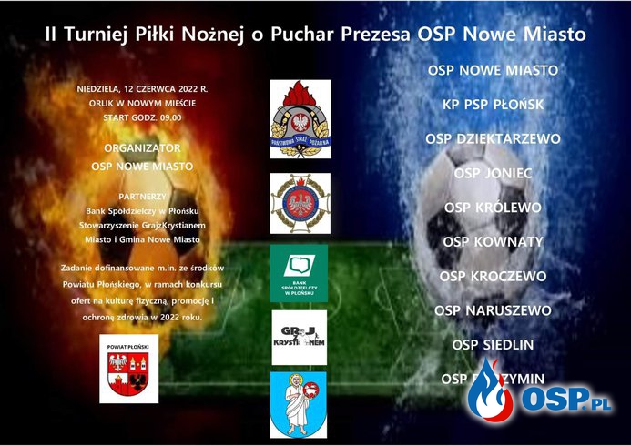 " II Turniej Piłki Nożnej o Puchar Prezesa OSP Nowe Miasto " 12 czerwca na orliku w Nowym Mieście OSP Ochotnicza Straż Pożarna