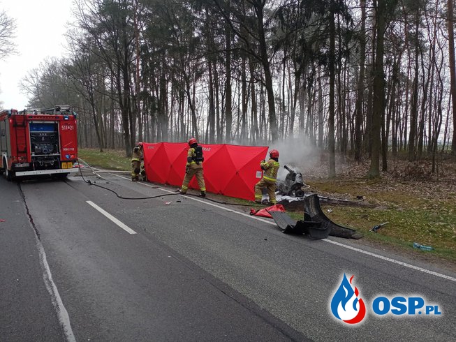 Tragiczny wypadek podczas wyprzedzania. Auto stanęło w płomieniach po czołowym zderzeniu. OSP Ochotnicza Straż Pożarna