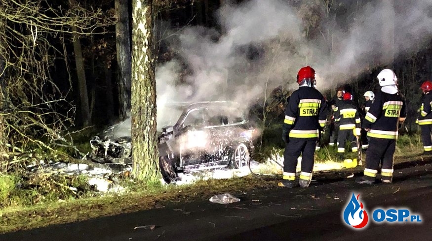 Auto zapaliło się po uderzeniu w drzewo. Kierowca zdołał uciec przed ogniem. OSP Ochotnicza Straż Pożarna