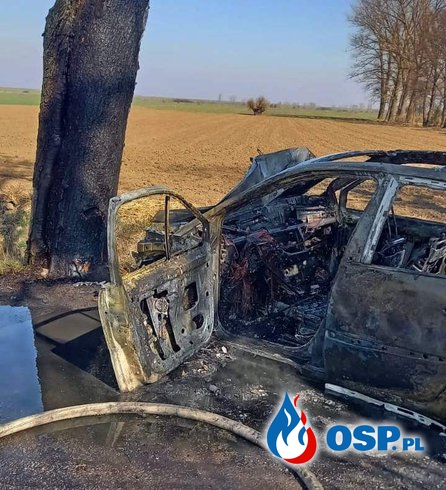 Auto zapaliło się po zderzeniu z drzewem. Kierowca zmarł w szpitalu. OSP Ochotnicza Straż Pożarna