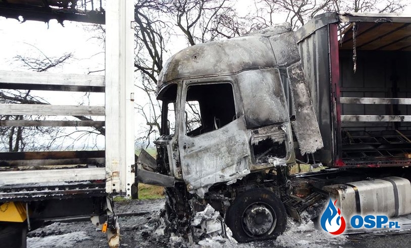 3 ciężarówki spłonęły na przydrożnym parkingu. Policja szuka świadków. OSP Ochotnicza Straż Pożarna