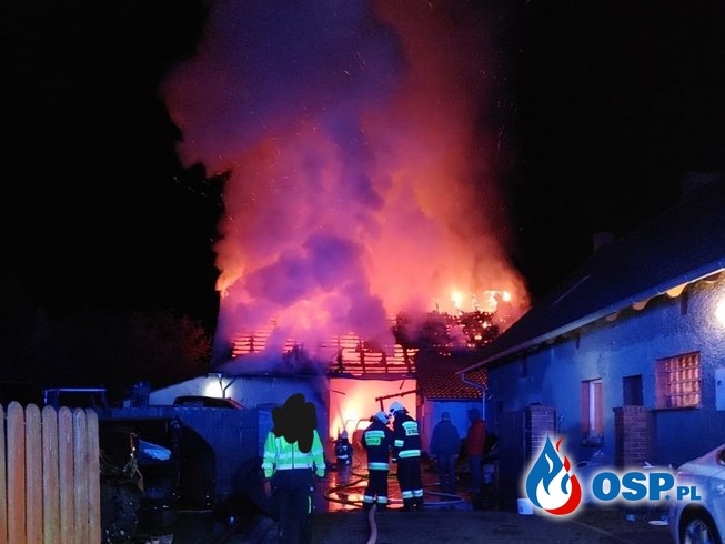 Spłonęła stodoła i zaparkowane w niej samochody. W akcji 7 zastępów strażaków. OSP Ochotnicza Straż Pożarna