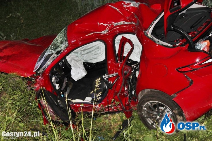 Tragiczny wypadek pod Gostyniem. Auto uderzyło w drzewo i wpadło do rowu. OSP Ochotnicza Straż Pożarna