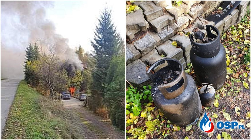 Pożar domu w Międzybrodziu Żywieckim. Podczas akcji strażacy wynieśli butle z gazem. OSP Ochotnicza Straż Pożarna