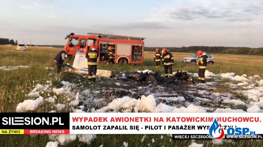 Wypadek samolotu w Katowicach. Maszyna zapaliła się, pilot i pasażer wyskoczyli. OSP Ochotnicza Straż Pożarna