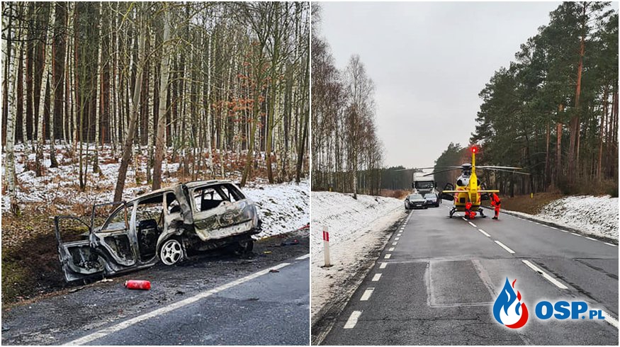 Auto zapaliło się po wypadku na DK22. Pięć osób zostało rannych, na miejscu lądował śmigłowiec LPR. OSP Ochotnicza Straż Pożarna