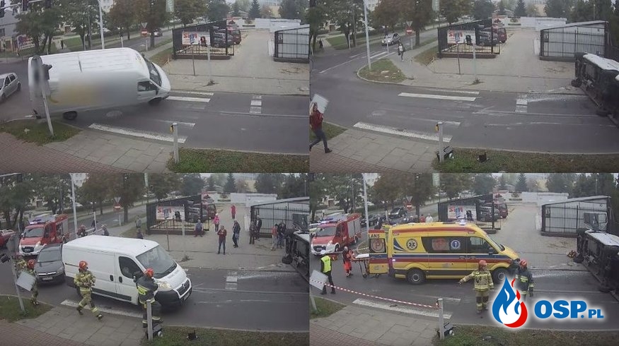 Wypadek na skrzyżowaniu, dojazd służb i akcja na miejscu zdarzenia OSP Ochotnicza Straż Pożarna