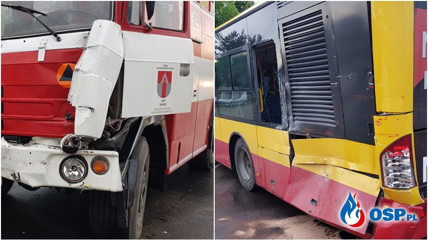 Wóz strażaków z OSP Sanie zderzył się z autobusem. Dwie osoby zostały ranne. OSP Ochotnicza Straż Pożarna