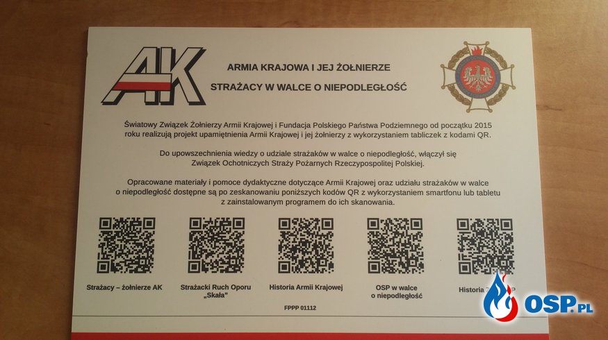 Tabliczka z kodem QR na naszej remizie  ...Poznawanie historii Armii Krajowej z wykorzystaniem kodów QR OSP Ochotnicza Straż Pożarna