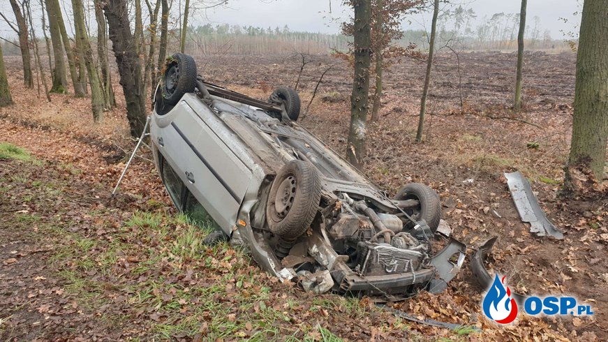 Auto dachowało pod Kędzierzynem-Koźlem. Dwie osoby trafiły do szpitala. OSP Ochotnicza Straż Pożarna