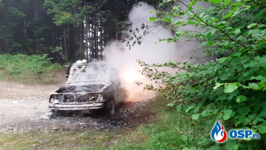 Auto terenowe stanęło w ogniu. Szybka akcja zapobiegła pożarowi lasu. OSP Ochotnicza Straż Pożarna