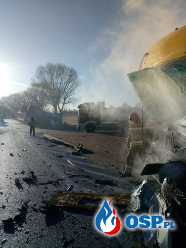 Kabina ciężarówki zapaliła się po zderzeniu. Druga ciężarówka zatrzymała się w rowie. OSP Ochotnicza Straż Pożarna
