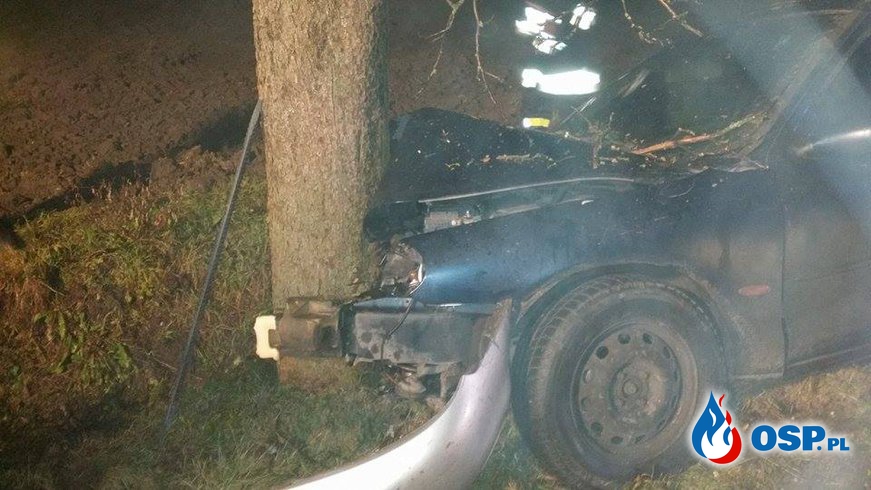 Stare Miasto - samochód osobowy uderzył w drzewo. OSP Ochotnicza Straż Pożarna