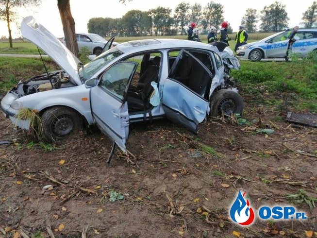 Wróblewo – samochód uderzył w drzewo, jedna osoba poszkodowana OSP Ochotnicza Straż Pożarna