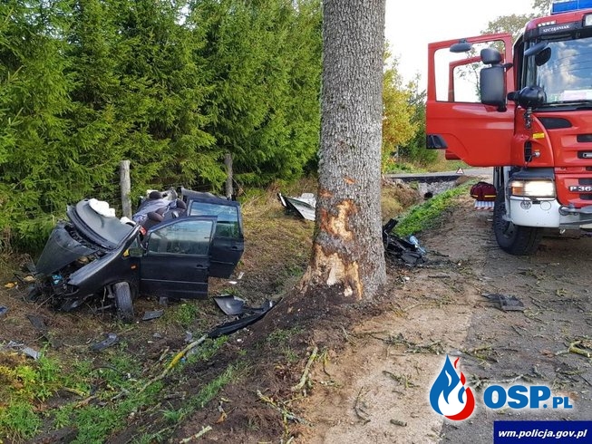 Kierowca zasnął za kierownicą, rozbił auto na drzewie. Zginął pasażer. OSP Ochotnicza Straż Pożarna