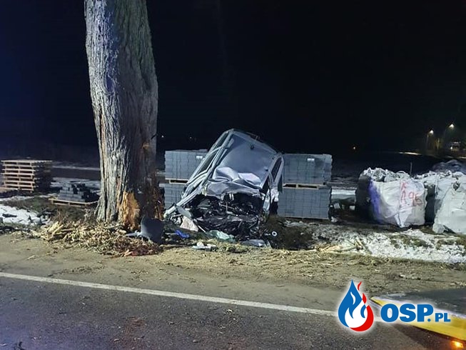 26-letni kierowca zginął w wypadku na Pomorzu. Auto rozbiło się na drzewie. OSP Ochotnicza Straż Pożarna