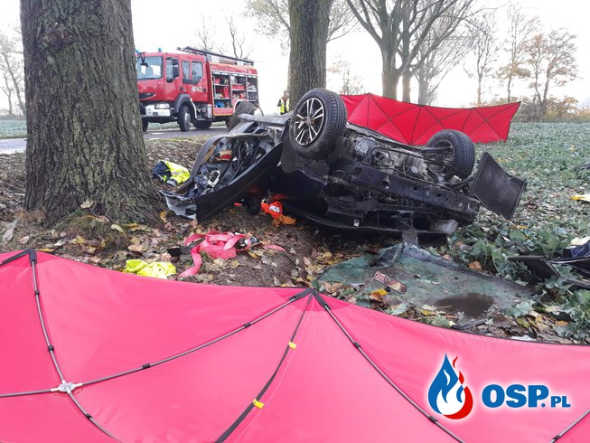 Dwie osoby zginęły w wypadku w Wielkopolsce. Auto roztrzaskało się na drzewie i dachowało. OSP Ochotnicza Straż Pożarna