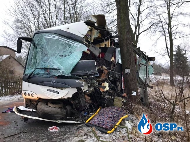 Wypadek autobusu z dziećmi. 9 osób trafiło do szpitala. OSP Ochotnicza Straż Pożarna