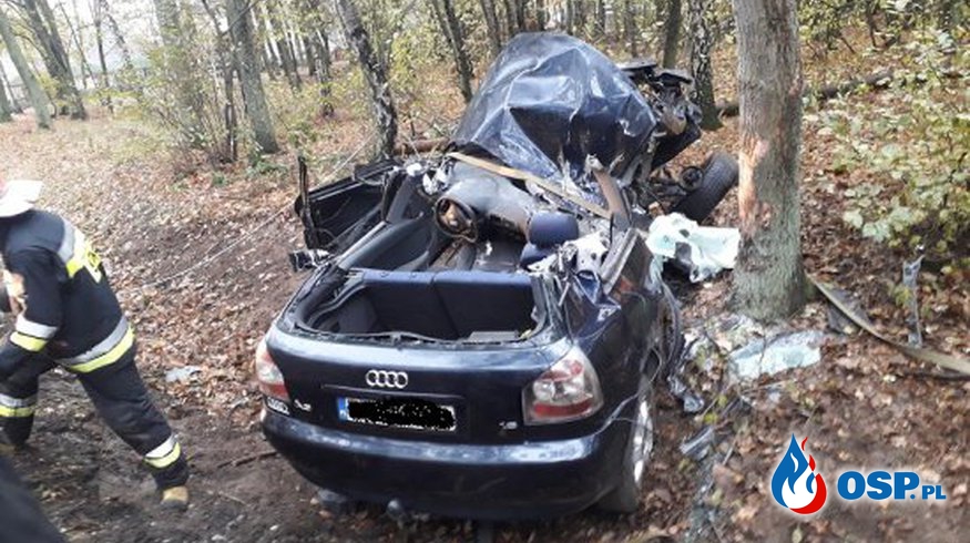 Audi wbiło się bokiem w drzewo. Kierowca został zakleszczony! OSP Ochotnicza Straż Pożarna