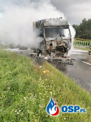 Pożar ciężarówki na autostradzie A1. Ciągnik siodłowy doszczętnie spłonął. OSP Ochotnicza Straż Pożarna