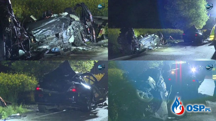 Wypadek śmiertelny w Sławie w Lubuskiem. Trzy osoby zginęły w czołowym zderzeniu dwóch samochodów. OSP Ochotnicza Straż Pożarna