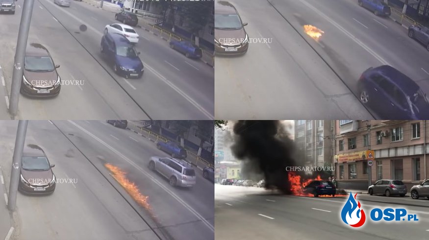 Samochód zapalił się po uderzeniu w niedomknięty właz studzienki. OSP Ochotnicza Straż Pożarna
