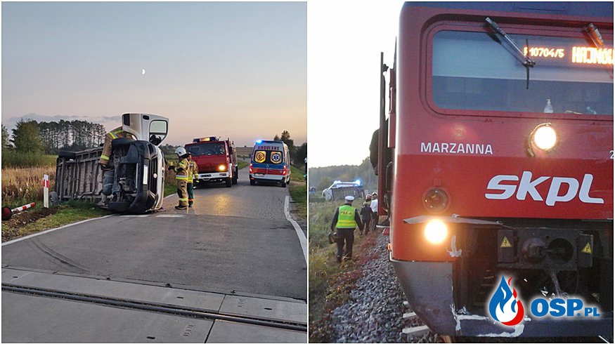 Bus zderzył się z pociągiem w Antonowie. Kierowca trafił do szpitala. OSP Ochotnicza Straż Pożarna