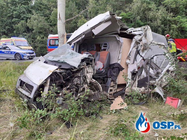 Bus firmy kurierskiej rozbił się na drzewie. Ciężko ranny kierowca trafił do szpitala. OSP Ochotnicza Straż Pożarna