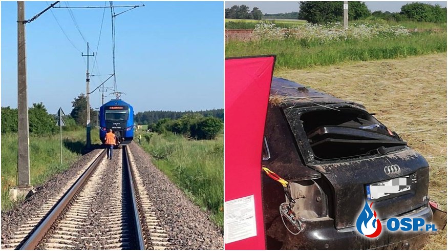 Pociąg zmiażdżył samochód na przejeździe kolejowym. 47-letni kierowca zginął na miejscu. OSP Ochotnicza Straż Pożarna