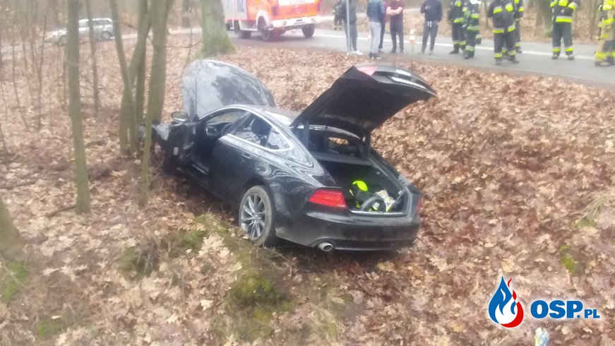 Audi A5 wypadło z drogi. W środku dwóch, pijanych mężczyzn. OSP Ochotnicza Straż Pożarna