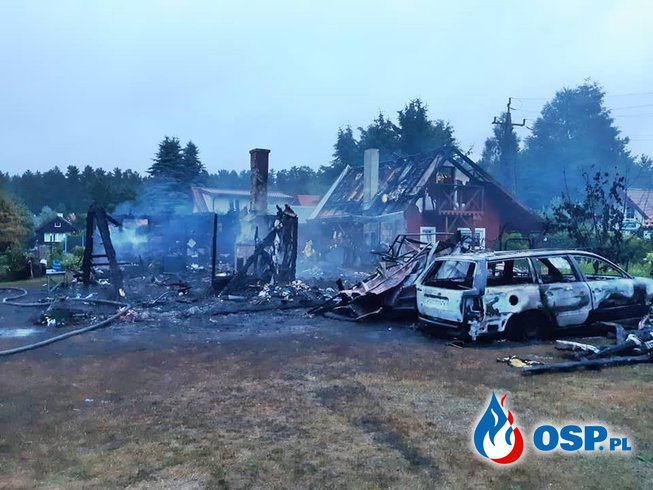 Nocny pożar na Warmii, nie żyją dwie kobiety. Domek letniskowy doszczętnie spłonął. OSP Ochotnicza Straż Pożarna