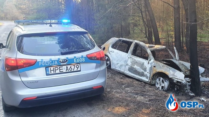 Auto spłonęło po zderzeniu z drzewem. Pijany kierowca uciekł. OSP Ochotnicza Straż Pożarna