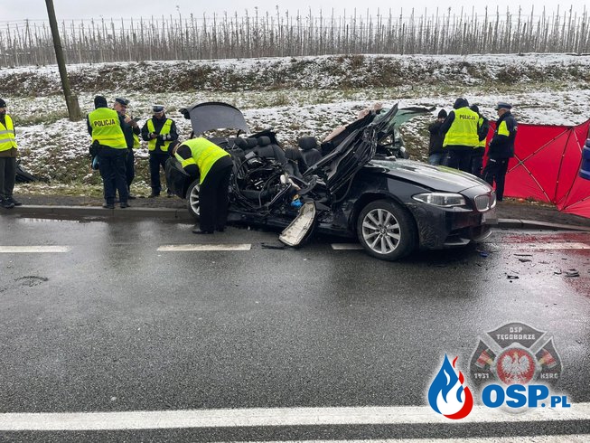 BMW zderzyło się z ciężarówką. 28-latek zginął na miejscu. OSP Ochotnicza Straż Pożarna