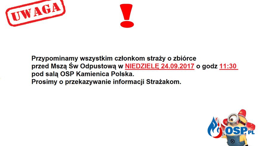 Informacja dla druhów i druhen OSP Kamienica Polska. OSP Ochotnicza Straż Pożarna