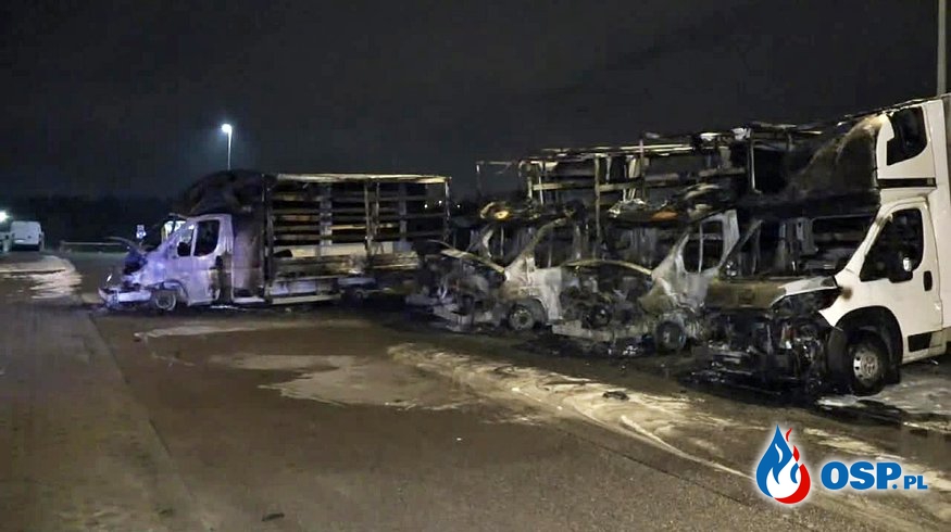 5 aut dostawczych spłonęło w Gdańsku. "Wstępnie uznano, że zostały podpalone". OSP Ochotnicza Straż Pożarna