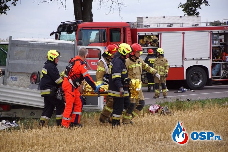 Czołowe zderzenie pod Lublinem. 25-latek zginął na miejscu, 5 osób trafiło do szpitala. OSP Ochotnicza Straż Pożarna