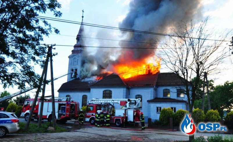 Pożar kościoła w starych Nieboczowach. OSP Ochotnicza Straż Pożarna