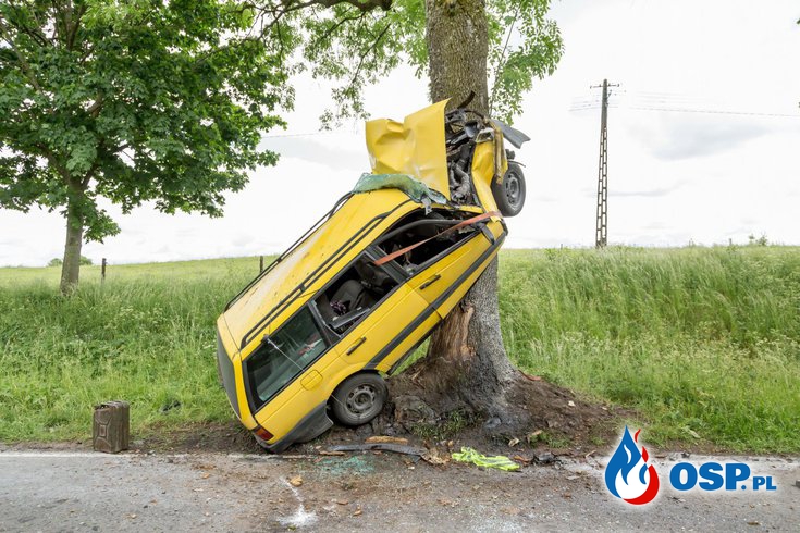Samochód po wypadku zawisł pionowo na drzewie! [ZDJĘCIA]