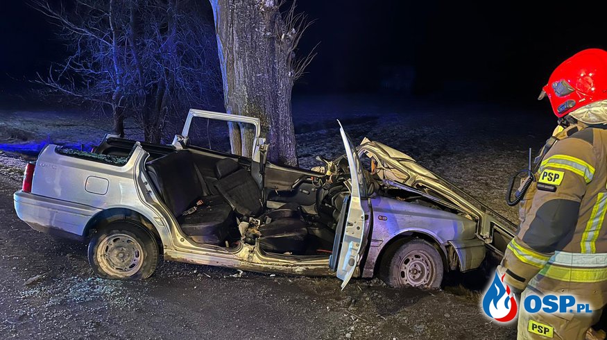 Auto uderzyło w drzewo. Nocny wypadek pod Lubominem. OSP Ochotnicza Straż Pożarna