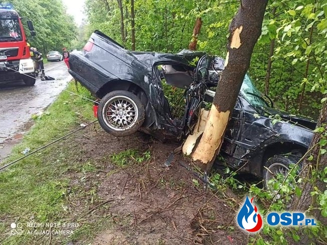 Pijany kierowca rozbił BMW na drzewie. Zginął pasażer. OSP Ochotnicza Straż Pożarna