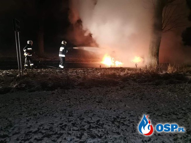 Świadkowie uratowali kierowcę z płonącego auta. Pojazd uderzył w drzewo. OSP Ochotnicza Straż Pożarna